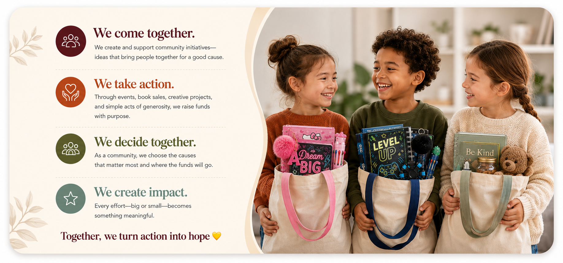 We come together, take action, decide together, and create impact with children holding Bundle of Hope tote bags